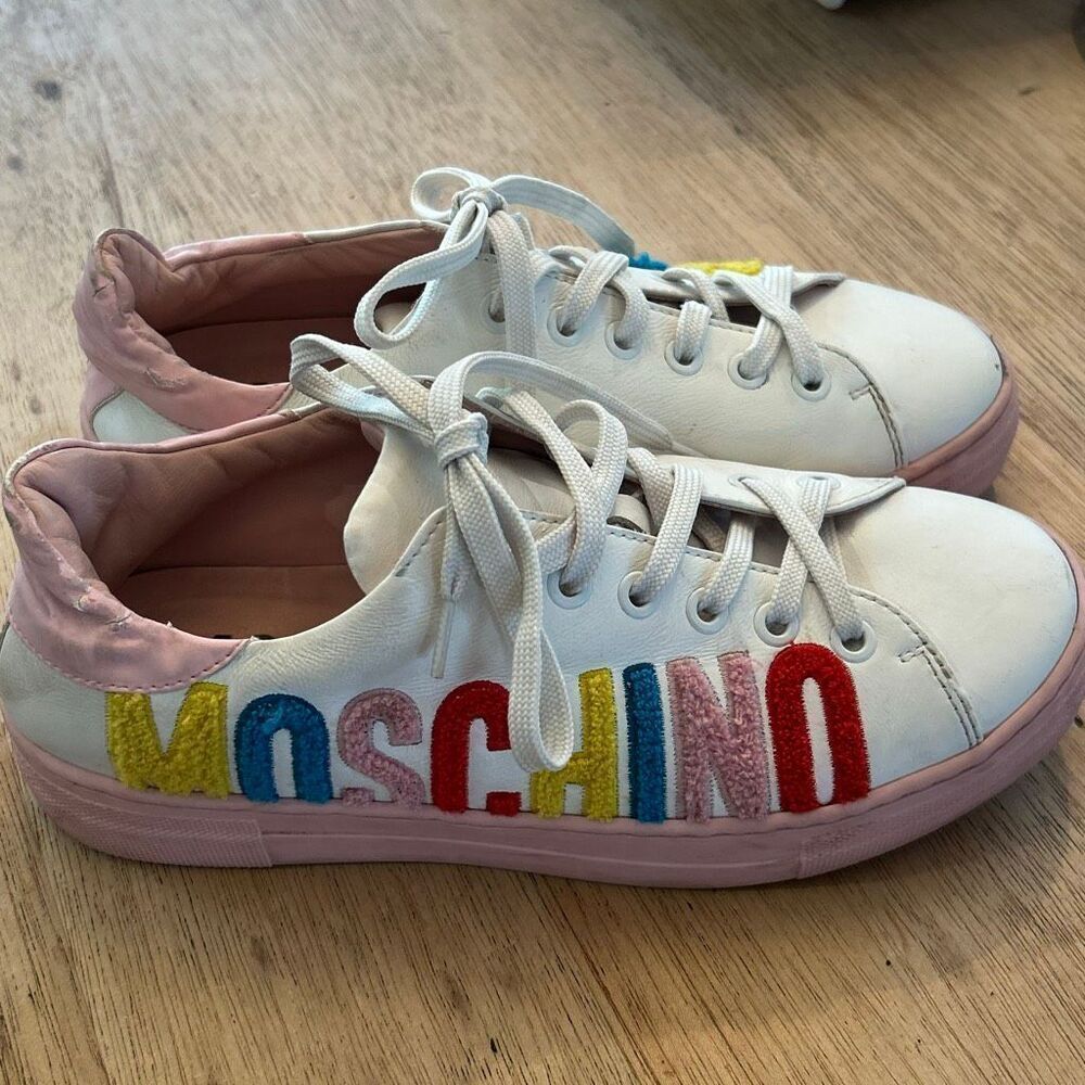 Moschino white pink colorful leather sneakers with tufted branding kids youth 5 - Picture 2 of 7